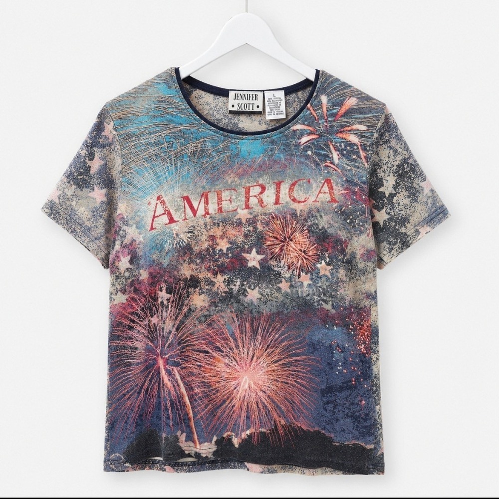 Vintage Jennifer Scott America Fireworks T-Shirt Women L Patriotic Stars USA